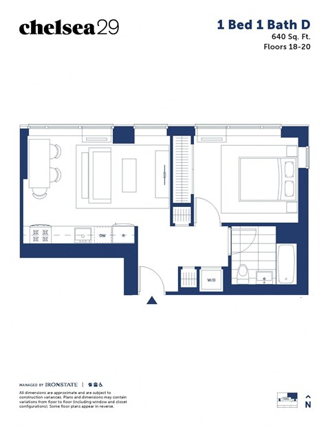 Floor plan for 1 bed, 1 bath, 640 sqft